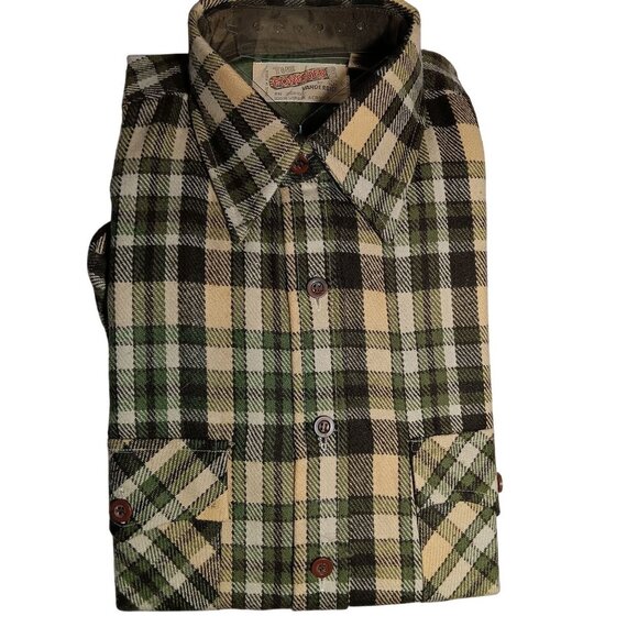 NOS Vintage 1970's Mens Small Acrylic Flannel Shirt Vanderbilt Plaid Green/Beige
